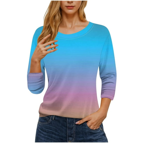UAMVSH Women Plus Size Shirts Gradient Printed Tops Comfy Summer Fall 3/4 Sleeve V-Neck Tees Trendy Dressy Casual Vacation Outfits(Medium,Light Blue)