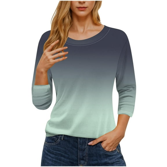UAMVSH Women Plus Size Shirts Gradient Printed Tops Comfy Summer Fall 3/4 Sleeve V-Neck Tees Trendy Dressy Casual Vacation Outfits(Small,Army Green)