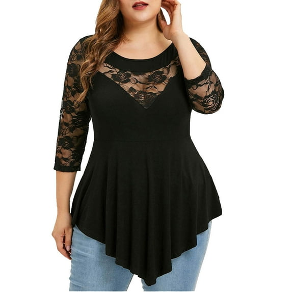 UAMVSH Women Plus Size Tops Trendy Ladies Sheer Mesh Lace Patchwork Blouses Oversized Asymmetrical 3/4 Sleeve Crew Neck Shirts(XX-Large,Black)