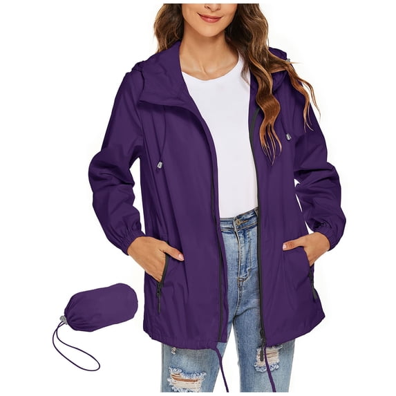 UAMVSH Women Rain Jackets Zip up Waterproof Windbreaker Lightweight Coats with Pockets Packable Hoodie Raincoats with Pockets(Large,Purple)