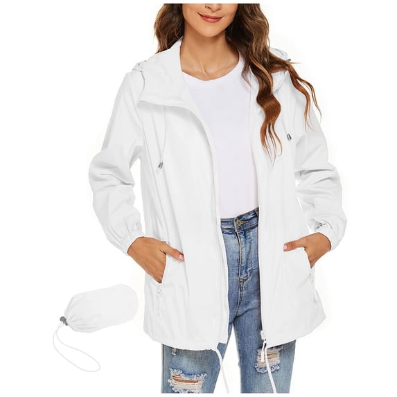 UAMVSH Women Rain Jackets Zip up Waterproof Windbreaker Lightweight Coats with Pockets Packable Hoodie Raincoats with Pockets(X-Large,White)