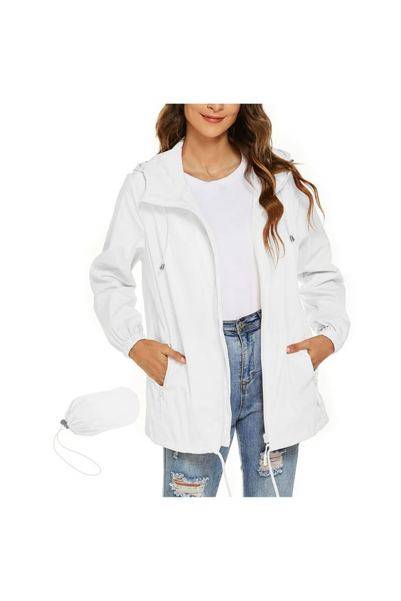 Women Rain Jackets Zip up Waterproof Windbreaker Lightweight Coats with Pockets Packable Hoodie Raincoats with Pockets(X-Large,White)