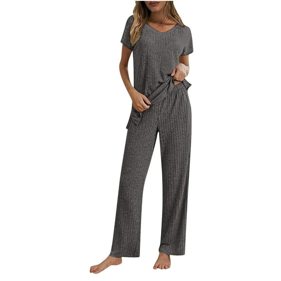 UAMVSH Women Ribbed Knitted Lounge Outfits Comfy Short Sleeve Side Slit Tops with Loose Fits Wide Leg Pants Lightweight Two Piece Sets(X-LargeDark Gray)