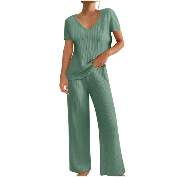 UAMVSH Women Ribbed Knitted Lounge Outfits Comfy Short Sleeve Side Slit Tops with Loose Fits Wide Leg Pants Lightweight Two Piece Sets(LargeGreen 1)