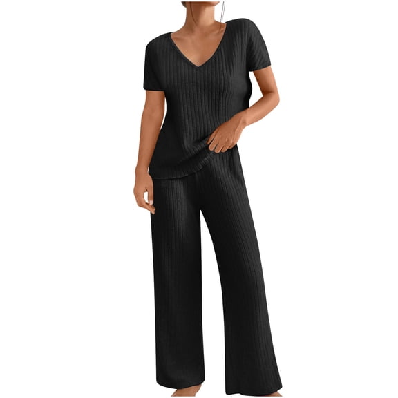 UAMVSH Women Ribbed Knitted Lounge Outfits Comfy Short Sleeve Side Slit Tops with Loose Fits Wide Leg Pants Lightweight Two Piece Sets(SmallBlack 1)