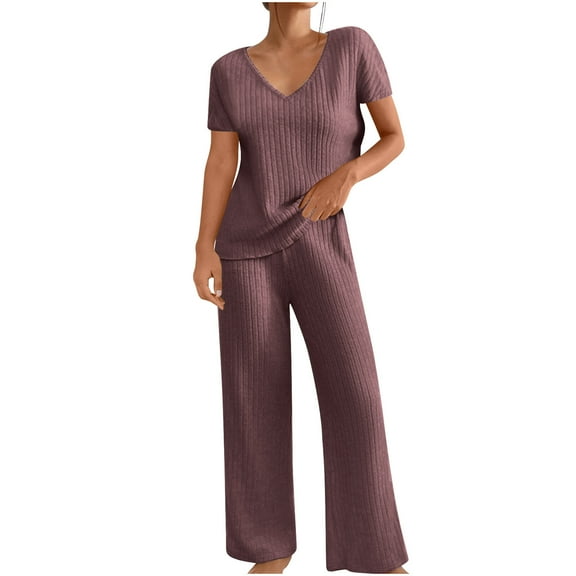 UAMVSH Women Ribbed Knitted Lounge Outfits Comfy Short Sleeve Side Slit Tops with Loose Fits Wide Leg Pants Lightweight Two Piece Sets(SmallPink 1)