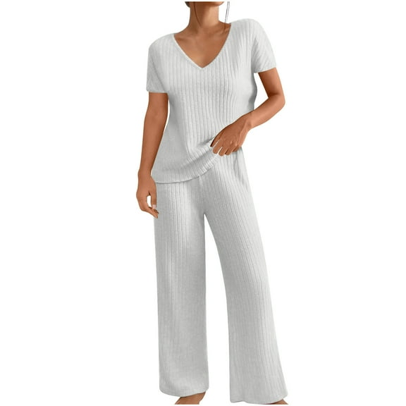 UAMVSH Women Ribbed Knitted Lounge Outfits Comfy Short Sleeve Side Slit Tops with Loose Fits Wide Leg Pants Lightweight Two Piece Sets(SmallWhite 1)