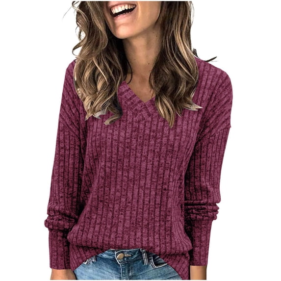 UAMVSH Women Ribbed Knitted V-Neck Sweaters Basic Long Sleeve Solid Color Tunic Tops Soft Fall Lightweight Casual Sweaters Pullover(X-Large,Red)
