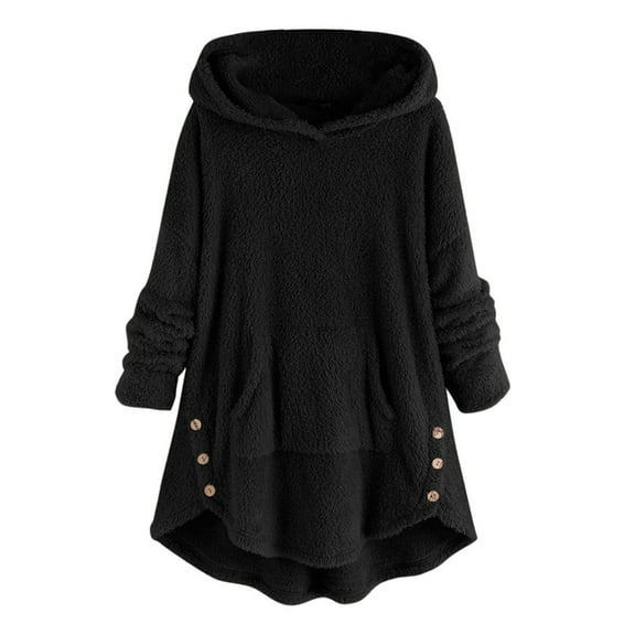 UAMVSH Women Sherpa Fleece Hoodie for Winter Plus Size Warm Shaggy Hooded Sweatshirts with Pockets High-Low Long Sleeve Plush Pullover Tops(5X-Large,Black)