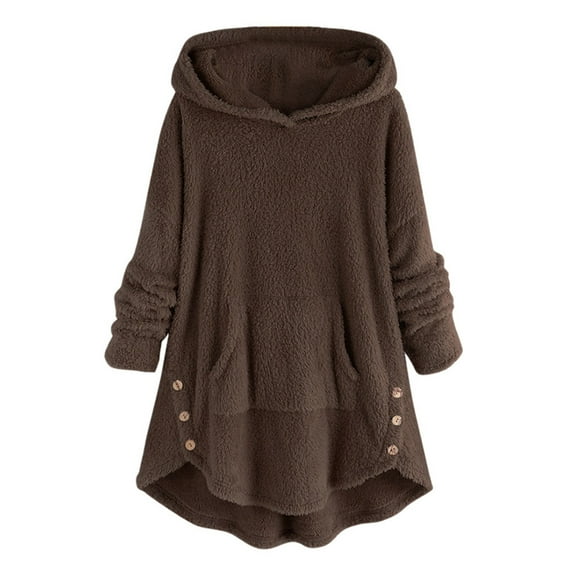 UAMVSH Women Sherpa Fleece Hoodie for Winter Plus Size Warm Shaggy Hooded Sweatshirts with Pockets High-Low Long Sleeve Plush Pullover Tops(Small,Coffee)