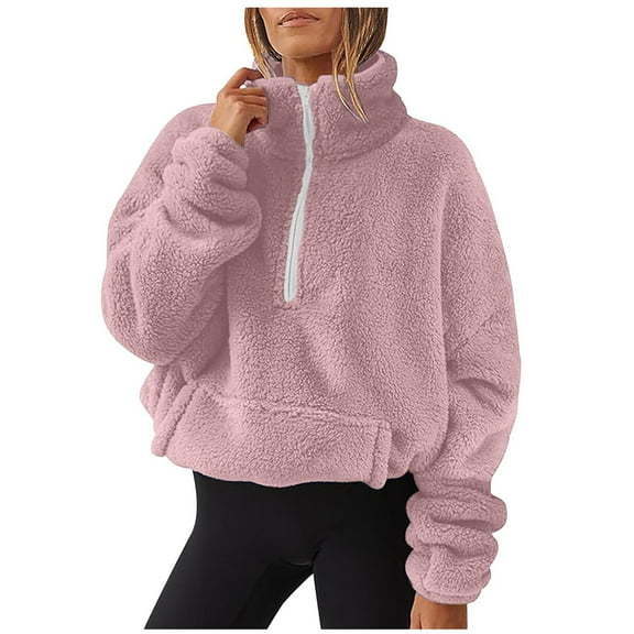 UAMVSH Women Sherpa Fleece Pullover High Neck Warm Winter Fuzzy Long Sleeve Sweatshirts Comfy Half Zip up Fluffy Top Clothes(X-Large,Pink)
