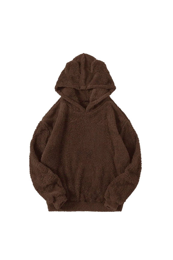 Women Sherpa Hooded Sweatshirts Oversized Fuzzy Fleece Warm Hoodie Casual Winter Long Sleeve Fluffy Plush Pullover Tops(Large,Brown)