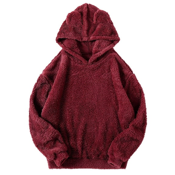 UAMVSH Women Sherpa Hooded Sweatshirts Oversized Fuzzy Fleece Warm Hoodie Casual Winter Long Sleeve Fluffy Plush Pullover Tops(Small,Wine)