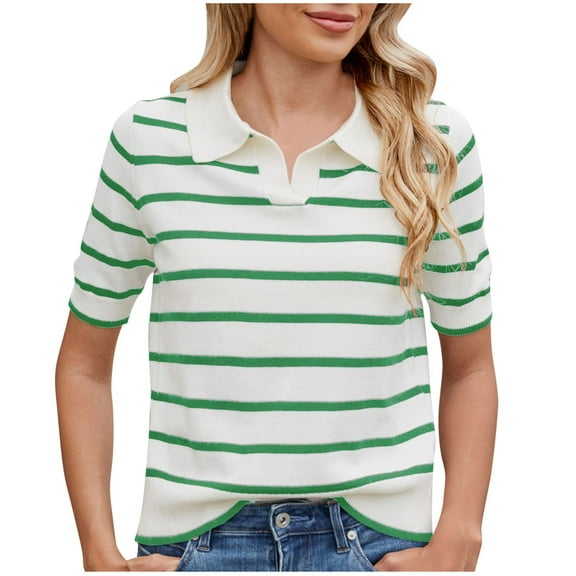 UAMVSH Women Short Sleeve Striped Sweaters Lapel V-Neck Casual Business Work Dressy Tunic Pullover Fall Lightweight Knitted Tops(Medium,Green)
