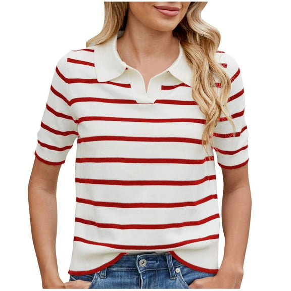 UAMVSH Women Short Sleeve Striped Sweaters Lapel V-Neck Casual Business Work Dressy Tunic Pullover Fall Lightweight Knitted Tops(X-Large,Red)