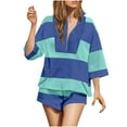 thumbnail image 1 of UAMVSH Women Striped Workout Sets Trendy Two Piece Matching Outfits Oversized Half Zipper Lounge Top and Shorts Sweatsuit with Pockets(X-Large,Dark Blue), 1 of 7
