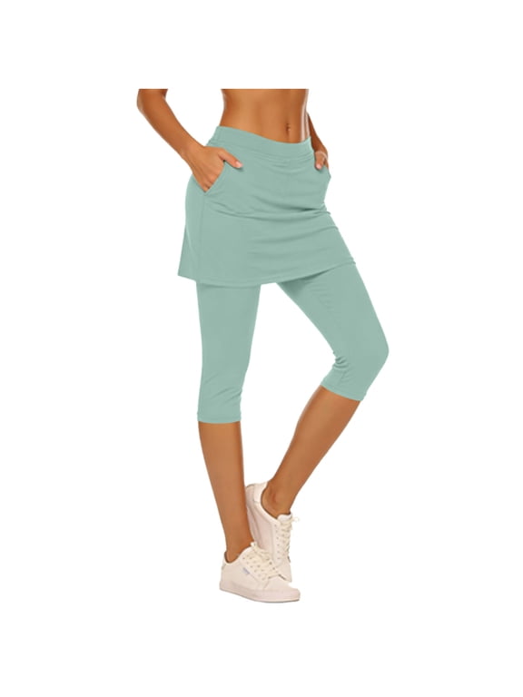Women Tennis Skirted Leggings with Pockets Workout Yoga Capris Pants Stretchy Casual Athletic Golf Skorts Leggings