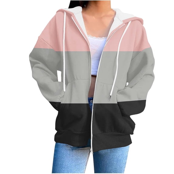 UAMVSH Women Trendy Printed Hoodie Jackets with Pockets Classic Fall Long Sleeve Drawstring Hooded Coats Loose Fit Full Zipper Outerwear(Small,Pink 3)