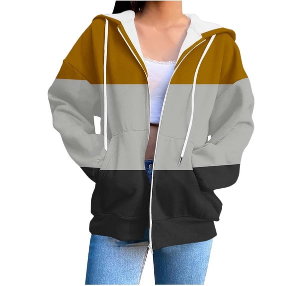 UAMVSH Women Trendy Printed Hoodie Jackets with Pockets Classic Fall Long Sleeve Drawstring Hooded Coats Loose Fit Full Zipper Outerwear(X-Large,Yellow 3)
