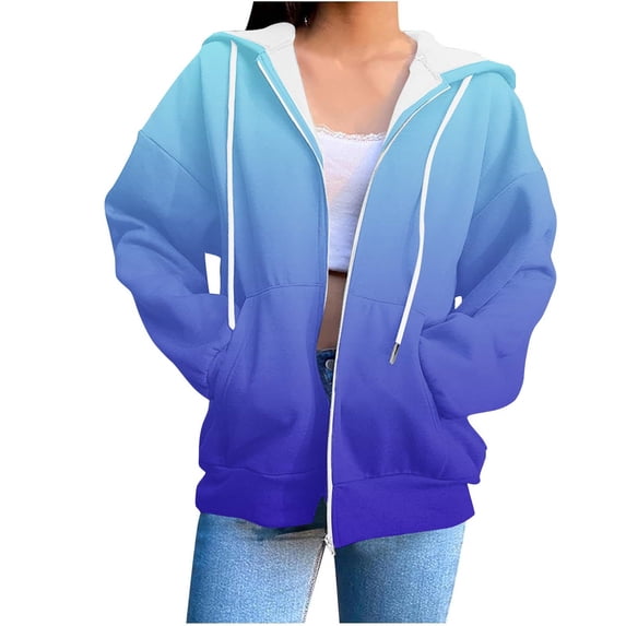 UAMVSH Women Trendy Printed Hoodie Jackets with Pockets Classic Fall Long Sleeve Drawstring Hooded Coats Loose Fit Full Zipper Outerwear(Large,Blue)