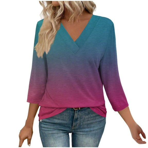UAMVSH Women V-Neck T Shirts Trendy Gradient Printed 3/4 Sleeve Tunic Tops Casual Loose Fit Going out Dressy Blouses Summer Fall(Medium,Navy 1)