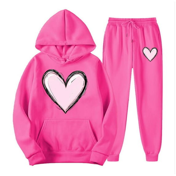 UAMVSH Women Valentine's Day Hoodie Outfits Sets with Pockets Trendy Heart Graphic Long Sleeve Hooded Sweatshirts and Jogger Pants(LargeHot Pink)