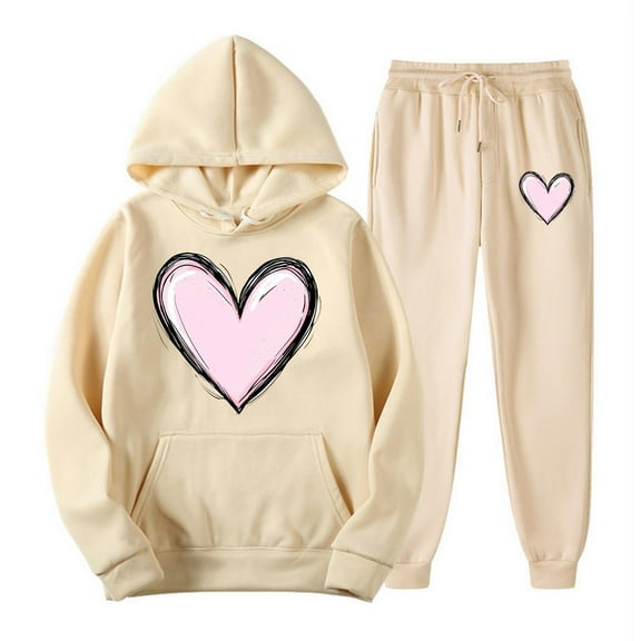UAMVSH Women Valentine's Day Hoodie Outfits Sets with Pockets Trendy Heart Graphic Long Sleeve Hooded Sweatshirts and Jogger Pants(SmallBeige)