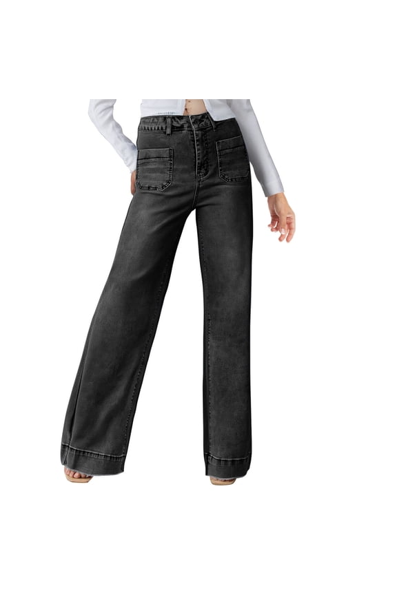 Women Wide Leg Jeans Palazzo Slack Trendy Distressed Lounge Denim Pants with Pockets Baggy High Waist Frayed Hem Long Pants