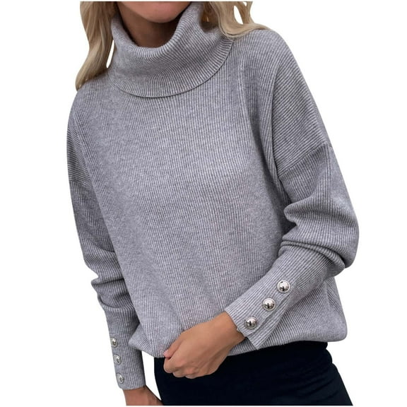 UAMVSH Women Winter High Cuffs Button Sweaters Tops Solid Color Turtleneck Pullover Baggy Knitted Sweater Basic Ribbed Knitwear(Small,Gray)