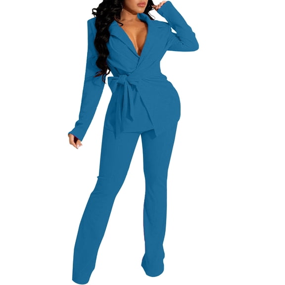 UAMVSH Women Work 2 Piece Outfits Casual Long Sleeve Open Front Cardigan Blazers and Pantsuits with Belt Ladies Business Suits Sets(X-LargeBlue)