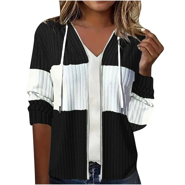 UAMVSH Women Zip up Hoodie Sweaters Casual Long Sleeve Color Block Drawstring Hooded Tops Fall Loose Fit Lightweight Cardigans Jackets(XX-Large,Black)