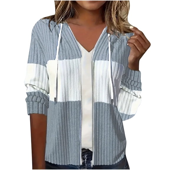 UAMVSH Women Zip up Hoodie Sweaters Casual Long Sleeve Color Block Drawstring Hooded Tops Fall Loose Fit Lightweight Cardigans Jackets(XX-Large,Sky Blue)