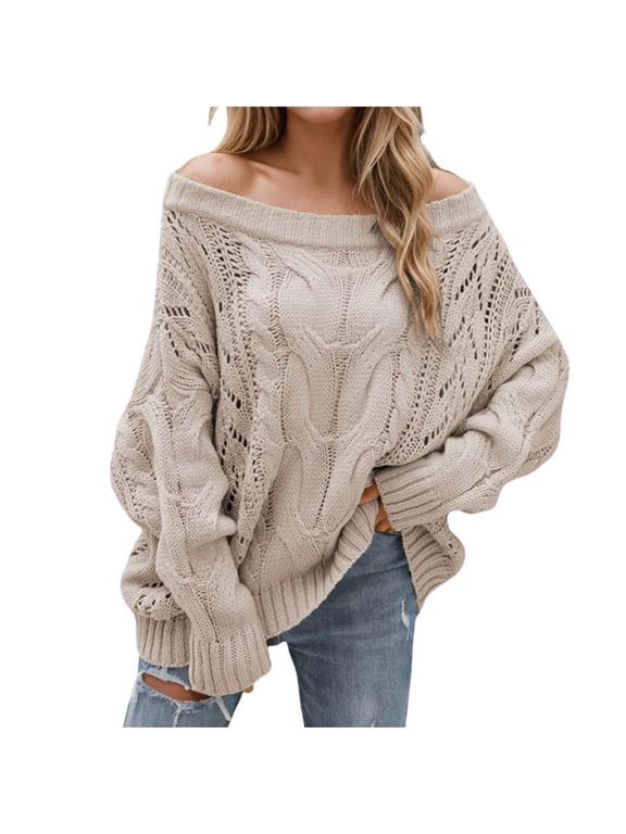 Women off Shoulder Sweaters Fashion Hollow out Cable Knitted Pullover Oversized Long Sleeve Casual Sweaters Tops Fall Clothes(Medium,Khaki)