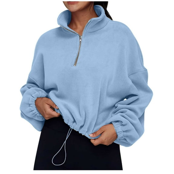 UAMVSH Women's 1/4 Zipper Sweatshirts Oversized Fleece Stand Collar Long Sleeve Pullover Casual Loose Fit Cropped Sherpa Tops Fall Outfits(Medium,Sky Blue)