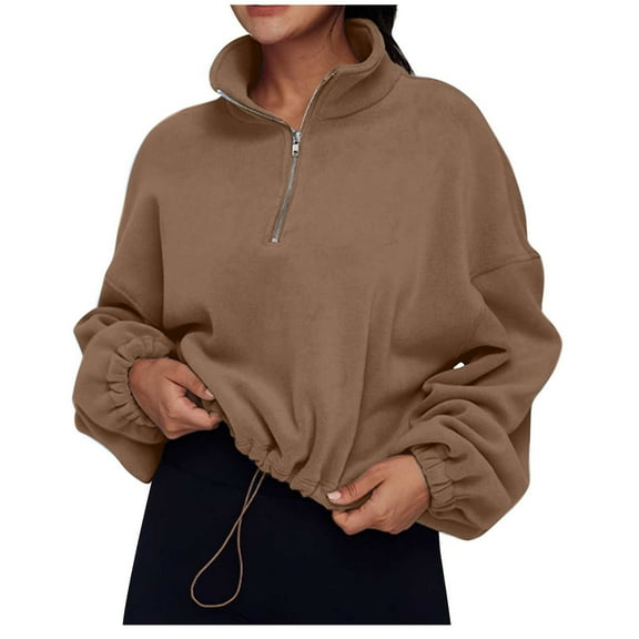 UAMVSH Women's 1/4 Zipper Sweatshirts Oversized Fleece Stand Collar Long Sleeve Pullover Casual Loose Fit Cropped Sherpa Tops Fall Outfits(Small,Brown 1)