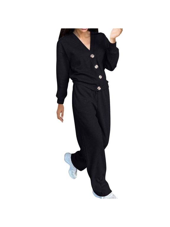 Women's 2 Piece Lounge Set Button V Neck Cardigan Wide Leg Pants Matching Set Dressy Casual Fleece Long Sleeve Fall Clothes