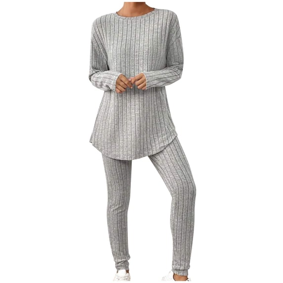 UAMVSH Women's 2 Piece Lounge Set Casual Curved Hem Long Sleeve Tops and Pants Matching Sets Fall Winter Clothes Two Piece Outfits