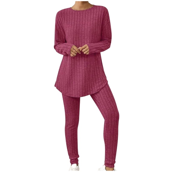 UAMVSH Women's 2 Piece Lounge Set Casual Curved Hem Long Sleeve Tops and Pants Matching Sets Fall Winter Clothes Two Piece Outfits