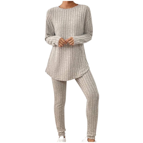 UAMVSH Women's 2 Piece Lounge Set Casual Curved Hem Long Sleeve Tops and Pants Matching Sets Fall Winter Clothes Two Piece Outfits