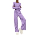 thumbnail image 1 of UAMVSH Women's 2 Piece Lounge Sets Ribbed Knit Long Sleeve Travel Outfits Slim Crewneck Crop Top Matching Wide Leg Pants Sets, 1 of 6