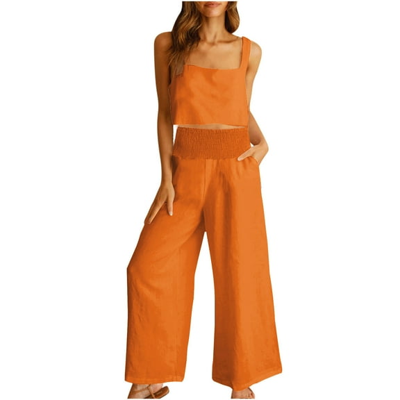 UAMVSH Women's 2 Piece Outfits Cotton Linen Palazzo Smocked Waist Slacks and Wide Strap Tank Tops Pantsuits Sleeveless Lounge Sets with Pockets(Small,Orange)