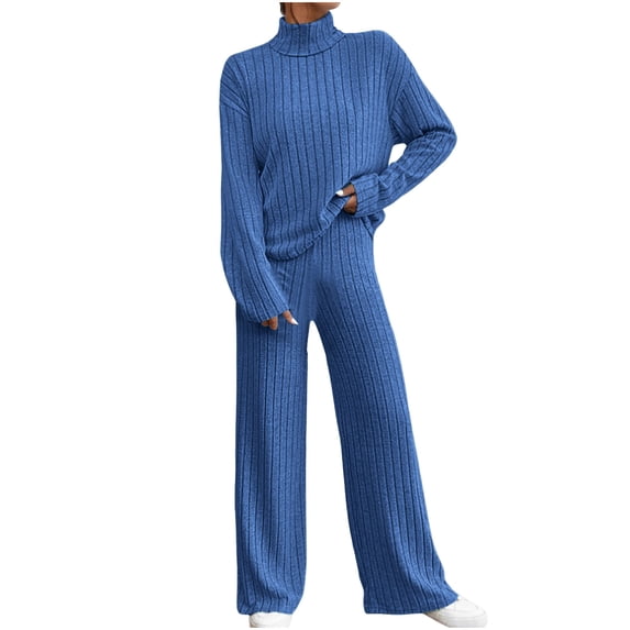 UAMVSH Women's 2 Piece Outfits Dressy Casual Long Sleeve Lounge Set Soft Turtleneck Sweater Pullover Wide Leg Pants Matching Sets