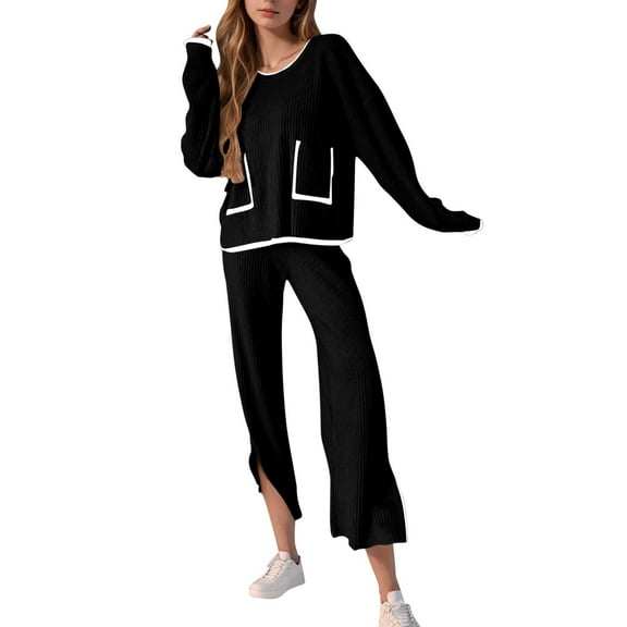 UAMVSH Women's 2 Piece Ribbed Knitted Lounge Sets Loose Fit Long Sleeve Sweater Pocket Tops Wide Leg Slit Pants Tracksuit Outfits(Small,Black)