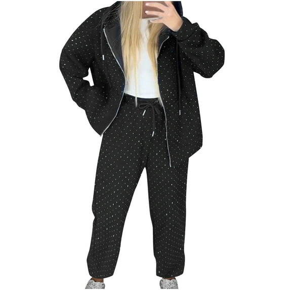 UAMVSH Women's 2 Piece Sparkly Outfits Trendy Club Party Fashion Sets Casual Long Sleeve Hoodie Jackets with Zipper Shiny Drawstring Pants(XX-LargeBlack)