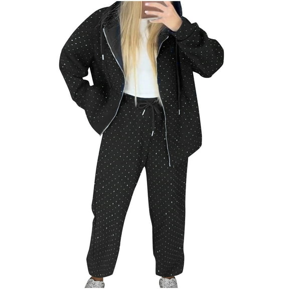 UAMVSH Women's 2 Piece Sparkly Outfits Trendy Club Party Fashion Sets Casual Long Sleeve Hoodie Jackets with Zipper Shiny Drawstring Pants(XX-LargeBlack)