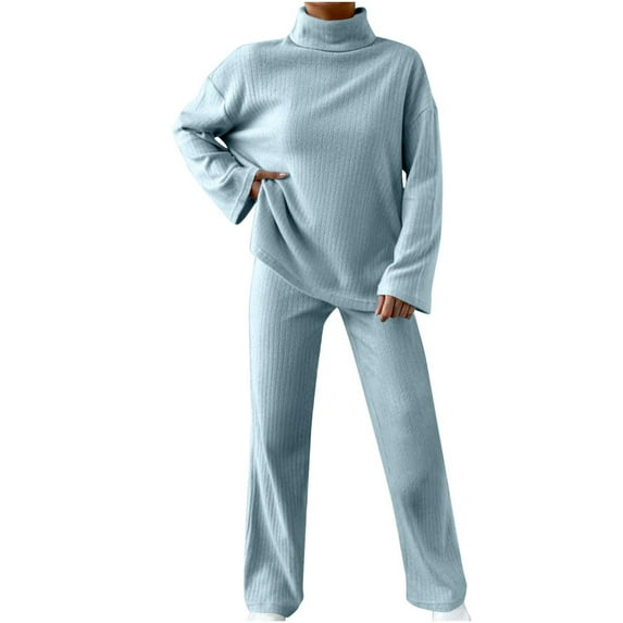 UAMVSH Women's 2 Piece Sweatsuit Outfits Oversized Long Sleeve Turtleneck Knitted Pullover Sweater and Wide Leg Pants Tracksuit Sets(MediumLight Blue)