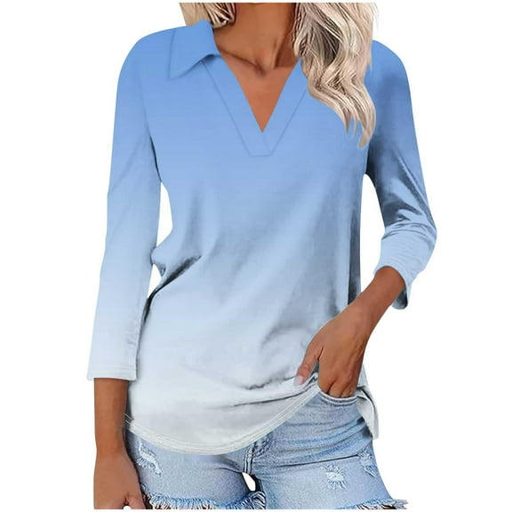 UAMVSH Women's 3/4 Length Sleeve V-Neck Collared Tops Trendy Gradient Printed Casual Lapel Office Work Tunic Shirts Clothes(Large,Sky Blue)