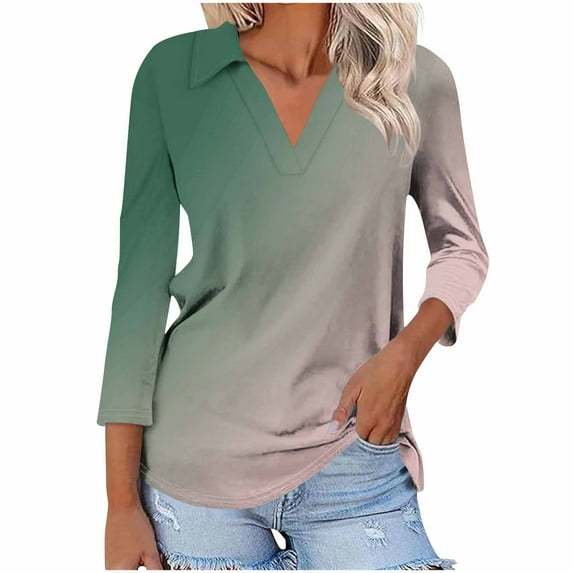 UAMVSH Women's 3/4 Length Sleeve V-Neck Collared Tops Trendy Gradient Printed Casual Lapel Office Work Tunic Shirts Clothes(Small,Brown)