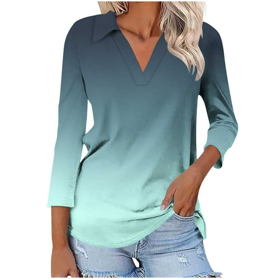 UAMVSH Women's 3/4 Length Sleeve V-Neck Collared Tops Trendy Gradient Printed Casual Lapel Office Work Tunic Shirts Clothes(X-Large,Army Green)