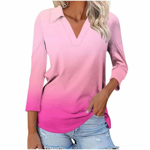 UAMVSH Women's 3/4 Length Sleeve V-Neck Collared Tops Trendy Gradient Printed Casual Lapel Office Work Tunic Shirts Clothes(X-Large,Hot Pink)
